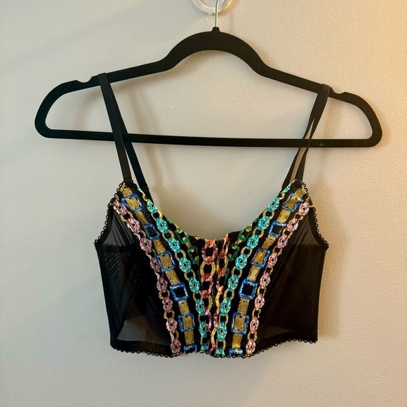 Festival Rave Savage X Fenty Corset Top BLACK CAVIAR CHAINED IN LACE EMBROIDERY - Picture 2 of 7